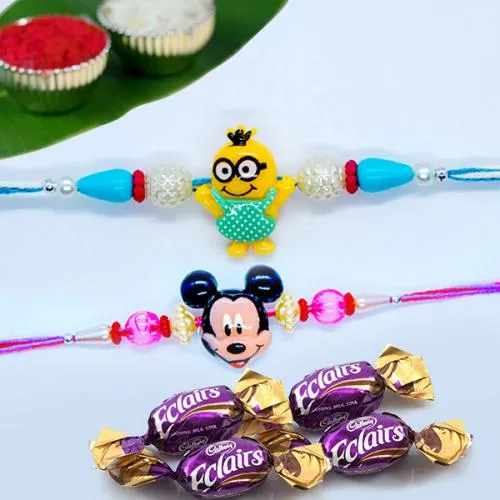 Trendy Kids Rakhi Pair with 4 Chocolates, Roli Tika n Card