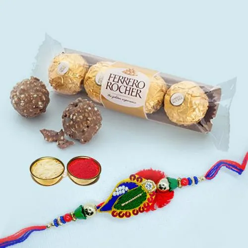 Smashing Gift of Rakhi with 3Pc Ferrero Rocher, Roli Tika N Card