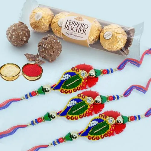 Stunning Rakhi Set of 3 with 3pc Ferrero Rocher