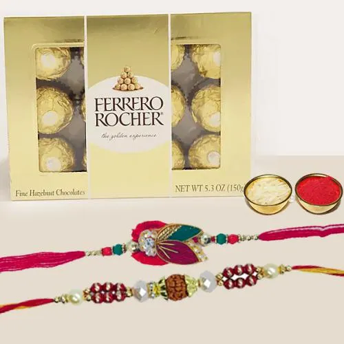 Elegant Pair of Rakhi with 12pc Ferrero Rocher Pack Elegant Pair of Rakhi with 12pc Ferrero Rocher Pack
