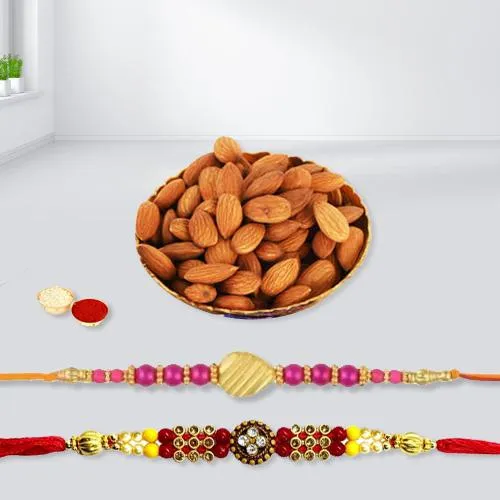 Appealing Rakhi Set of 2 with Crunchy Almonds, Roli Tika n Card