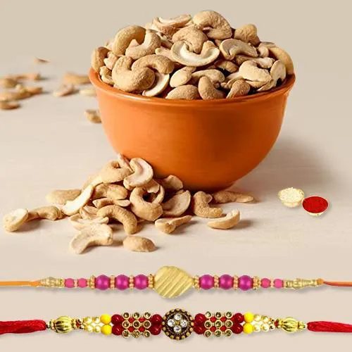 Classy Pair of Rakhis with Crunchy Cashews, Roli Tilak N Card Classy Pair of Rakhis with Crunchy Cashews, Roli Tilak N Card