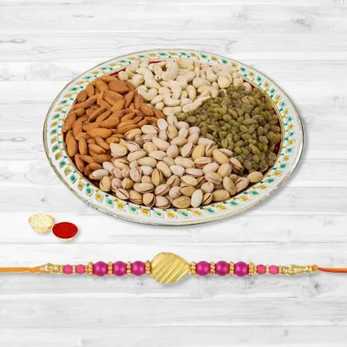 Trendy Rakhi with Assorted Dry Fruits, Roli, Chawal n Card