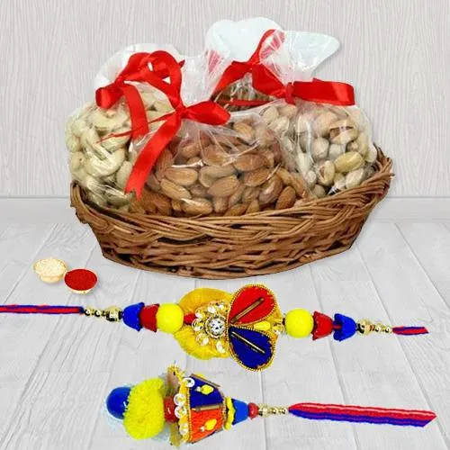 Elegant Bhaiya Bhabhi Rakhi with Assorted Dry Fruits Basket