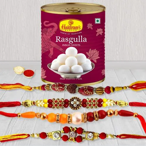 Arresting Set of 4 Rakhi with Haldiram Rasgulla Arresting Set of 4 Rakhi with Haldiram Rasgulla