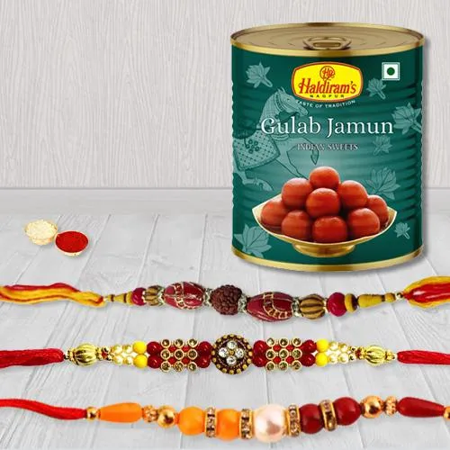 Charming Set of 3 Rakhi with Haldiram Gulabjamun Charming Set of 3 Rakhi with Haldiram Gulabjamun