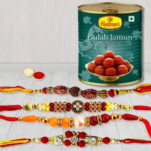 Lovely Rakhi Set of 4 with Haldiram Gulab Jamun