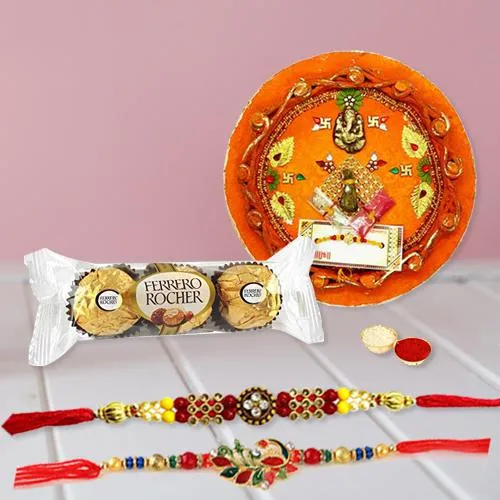 Classic Pair of Rakhi with Ferrero Rocher n Rakhi Thali Classic Pair of Rakhi with Ferrero Rocher n Rakhi Thali