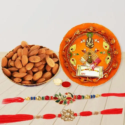 Trendy Pair of Rakhi with Almonds n Puja Thali Trendy Pair of Rakhi with Almonds n Puja Thali