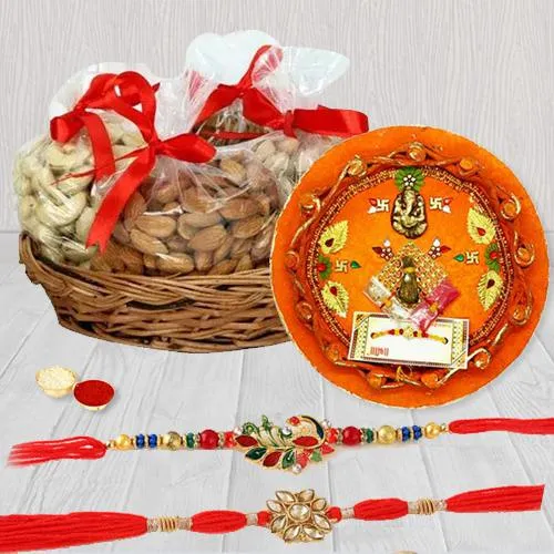 Fancy Rakhi Set of 2 with Mixed Dry Fruits n Pooja Thali