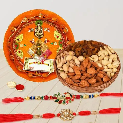 Designer Rakhi Pair with Dry Fruits n Puja Thali Designer Rakhi Pair with Dry Fruits n Puja Thali