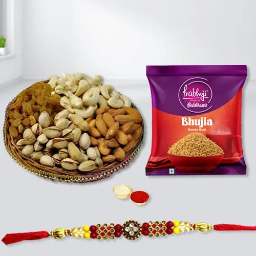Charming Rakhi with Haldiram Bhujia n Dry Fruits Charming Rakhi with Haldiram Bhujia n Dry Fruits