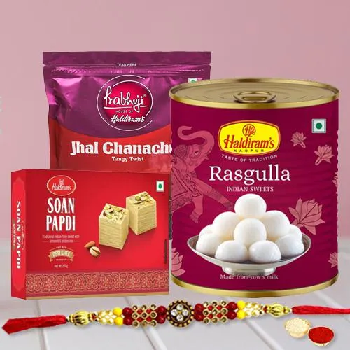 Elegant Rakhi with Sweets and Snacks from Haldiram Elegant Rakhi with Sweets and Snacks from Haldiram