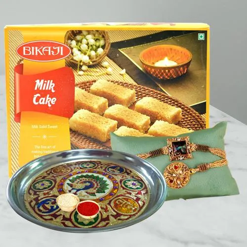 Ecstatic Selection of Rakhis with Puja Thali N Milk Cake