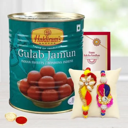 Yummy Pack of Gulabjamun with 2 Rakhis N Free Roli Chawal