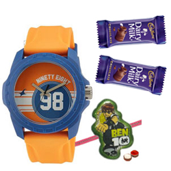 Appealing Fastrack Tees Gents Watch with Free 1 Ben 10 Rakhi with Chocolates and Roli Tilak Chawal Appealing Fastrack Tees Gents Watch with Free 1 Ben 10 Rakhi with Chocolates and Roli Tilak Chawal