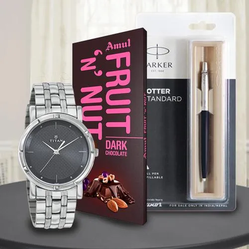 Remarkable Titan Watch with Parker Pen and Amul Chocolate Remarkable Titan Watch with Parker Pen and Amul Chocolate