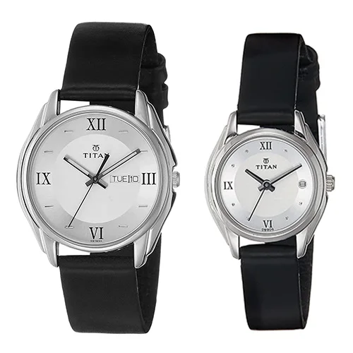 Pampering Titan Silver Dial Leather Strap Pair Watch