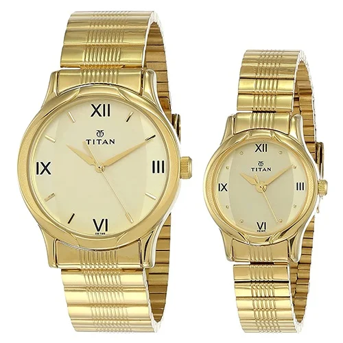 Titan Champagne Dial Golden Strap Couples Watch
