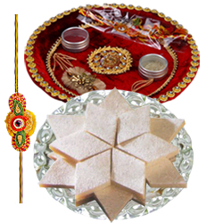 Mesmerizing Rakhi with Puja Thali and 100 gm. Badam Katli Mesmerizing Rakhi with Puja Thali and 100 gm. Badam Katli