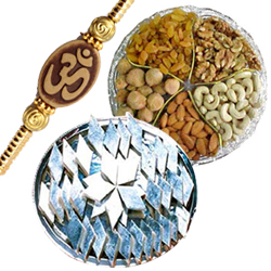Delicious Kaju Katli and Dry Fruits with Om Rakhi Delicious Kaju Katli and Dry Fruits with Om Rakhi