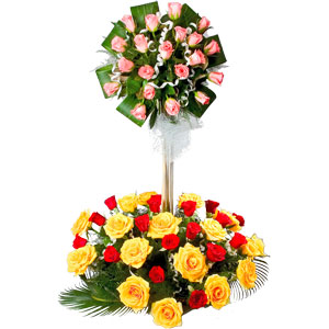 Bright 50 Mixed Roses in 2 Tier Arrangement with Spectacular Surprise Bright 50 Mixed Roses in 2 Tier Arrangement with Spectacular Surprise