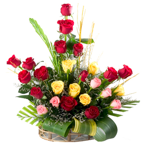 Exquisite Basket with Fabulous Arrangement of 24 Mixed Roses Exquisite Basket with Fabulous Arrangement of 24 Mixed Roses