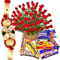 Delicious Assorted Chocolates and 50 Red Roses with a Rakhi Delicious Assorted Chocolates and 50 Red Roses with a Rakhi