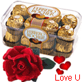 Ferrero Rocher (15
pcs) and a Velvet Red Rose
...